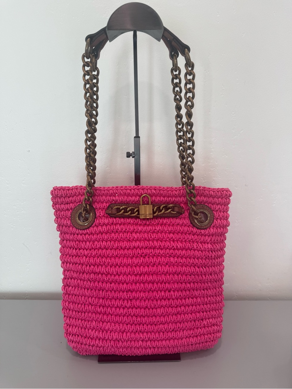 Kurt Geiger Brixton Hot Pink raffia Tote with Antique Gold Chain